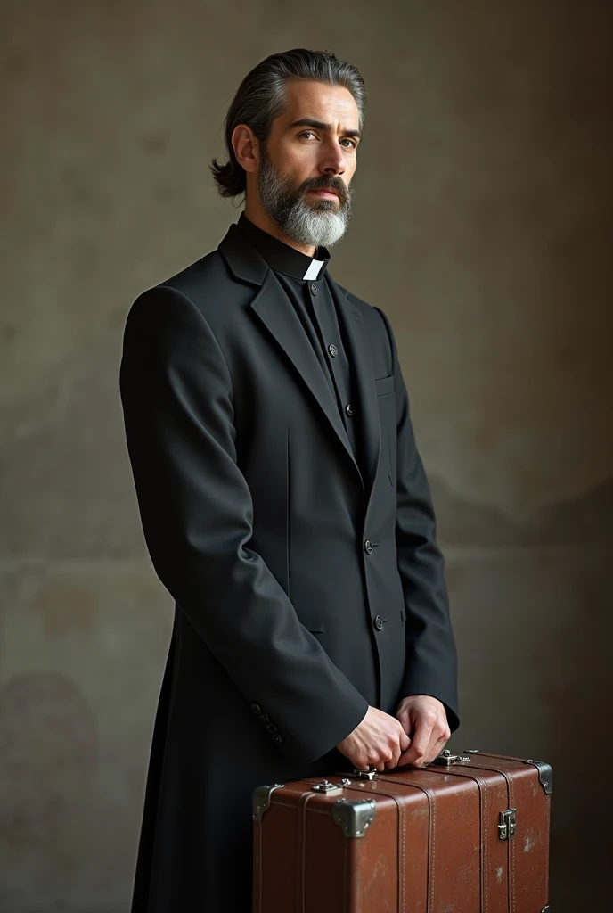  Very young man with a short ponytail and a light silver beard, wearing an Italian religious suit and a suitcase 