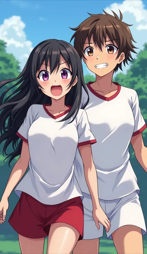 artist logo, 1girl, chitanda eru, oreki houtarou, red shorts, long hair, black hair, open mouth, bangs, shirt, purple eyes, short sleeves, gym uniform, ponytail, white shirt, shorts, looking at another, breasts, short hair, :o, looking at viewer, collarbon...