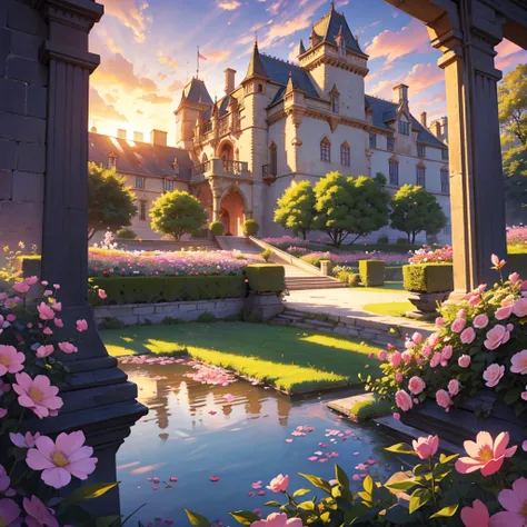 masterpiece,  is very strong with the highest quality ,  Detailed , Film Art , 4K, [[Scenic Bay ]]  A classic party in a medieval castle garden[[ no one person ]],  pink flowers blooming , Full of sunshine ,  sunset 