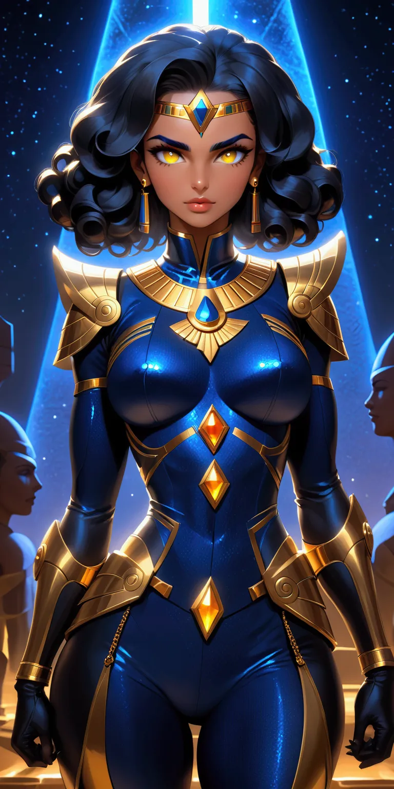 a strong female character emerges from the darkness. her short and curly black hair surrounds her sharp face, and her golden haz...