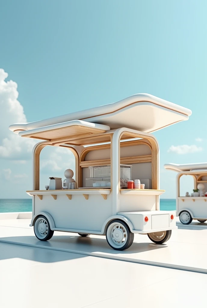 The drawings  of food caban on wheels  all side open move able  in light white colours  double story 1st for food supply 2nd for seating 