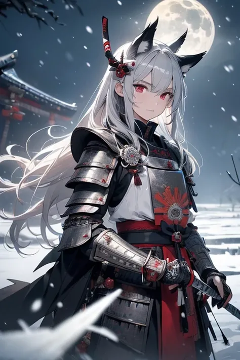 ( greatest masterpiece ).((Wolf Knight)).  super detailed、Fine Armor, male、Scars on face、Made with an intricate design..Silver, silk,8k, sharp、  watch viewers  、red eyes、 was made with this image in mind  、 (( samurai armor:1.3))、((Barking in a snowy field...