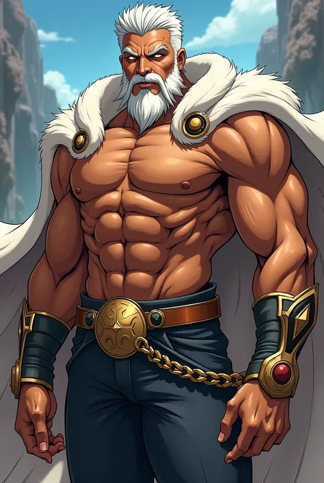  Create an anime-style image

Age :40 years

Genre :masculine

Appearance :  brown skin color, white hair,barba,  golden eyes,  muscular physique
Personality: proud and rude 