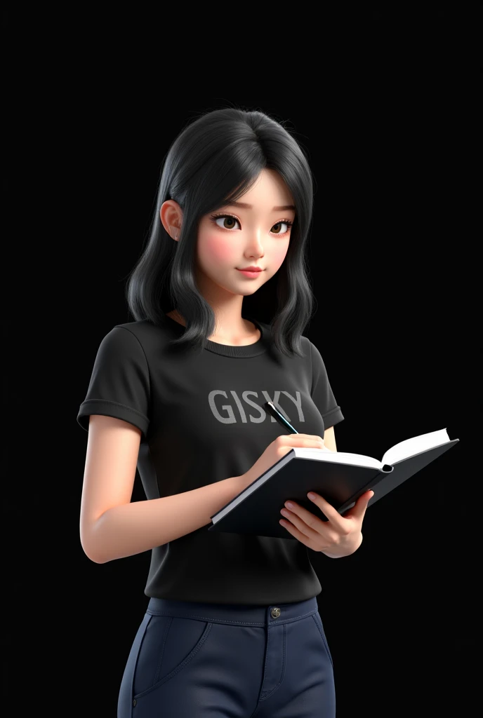 Create a realistic virtual assistant with an American physiognomy.  She is very white and has medium black hair .  She has a black t-shirt written with the name of the store where she works , what is it: GISKY, in capital letters. Ela está usando uma calça...