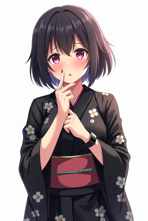 Anime girl with black yukata with worried flowers and with a white background and a full body and with pink nails and a black watch with her fists on her chest both hands with an emotion of nervousness and with an expression of concern and a feeling of sad...