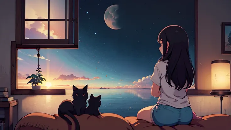 Back view of a black cat and a woman looking out the window, Anime girl sitting on a couch looking out a window at a cat,  Lo-Fi portrait by the window , Gazing at the Sunset. Anime, by alena aenami, Lofi Art, inspired by alena aenami, Cozy Wallpaper,  ins...