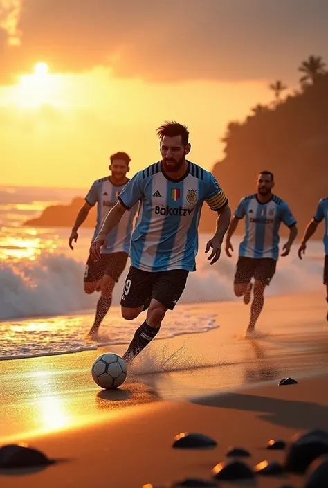 Lionel Messi kicking a football on Kovalam Beach with his teammates, as waves crash in the background and the orange hues of the sunset create a picturesque scene.