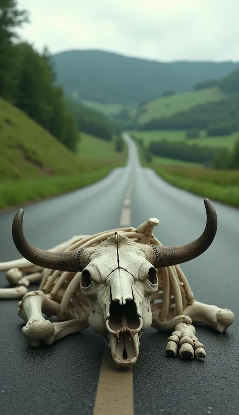 "A scenic rural road surrounded by lush green hills, with a cow skeleton lying on the pavement. The skeleton includes a detailed skull with horns and rib bones, creating a striking contrast against the natural landscape. The atmosphere is calm but slightly...