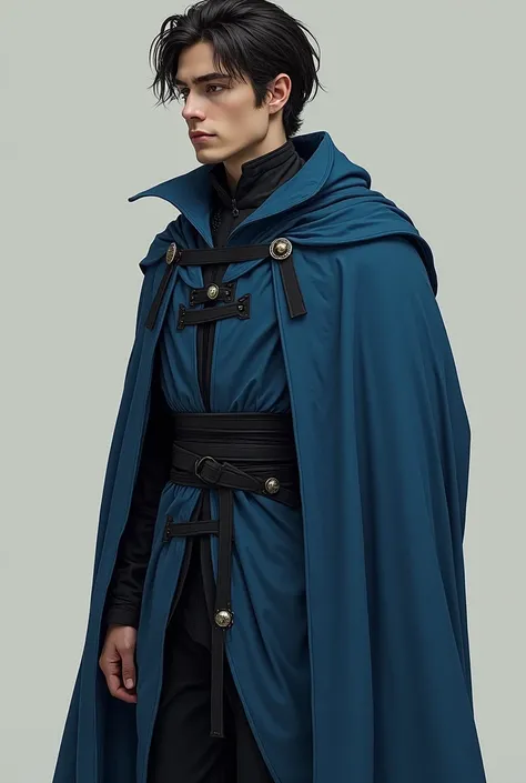 Make an image of Yahlian what you think he would be based on these stories remember that he is 20 years old make him with a neutral expression a long blue robe with black details on the belts the cloak covers his waist and part of his mouth it is closed at...