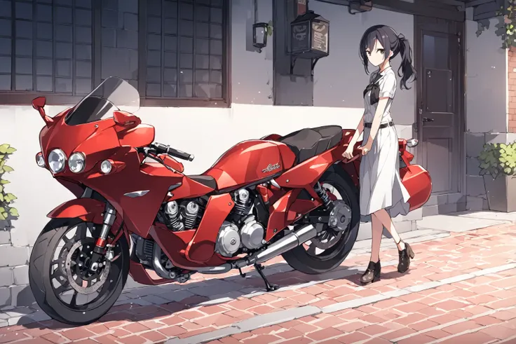 mid,there is a woman standing next to a red motorcycle on a brick walkway, beautiful dark eyes ,Black Hair,medium ponytail ,motorcycle, Kino&#39;s Journey, ,  anime style”, shinkai sincerity, 19xx :2 