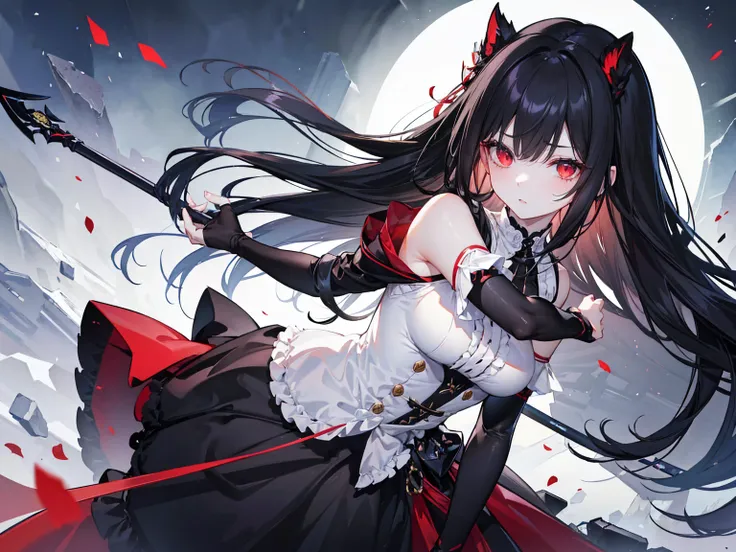  A fallen angel with dark hair looks directly at the audience ， Her red eyes are sharp and strong 。, and her long flowing hair falls like a river at night ， Delicate hair shines in the dim light 。 one with puffy sleeves and The black dress with split colla...