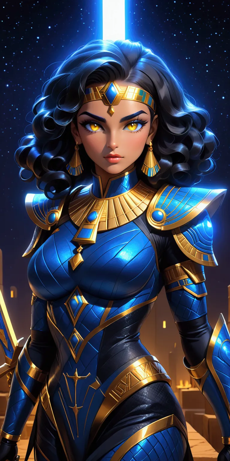 a strong female character emerges from the darkness. her short and curly black hair surrounds her sharp face, and her golden haz...