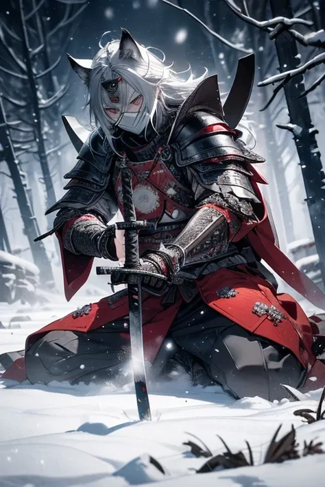 ( greatest masterpiece ).((Wolf Knight)).  super detailed、Fine Armor, male、Scars on face、Made with an intricate design..Silver, silk,8k, sharp、  watch viewers  、red eyes、 was made with this image in mind  、 (( samurai armor:1.3))、((Barking in a snowy field...