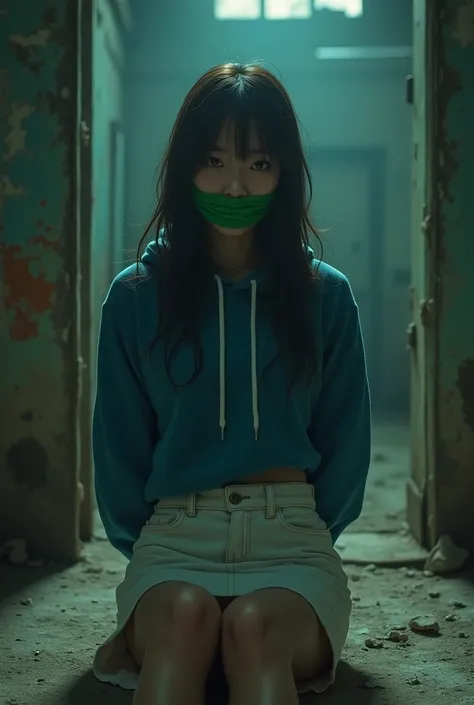 Choi Yoo-jin wears a white jean skirt and a blue hoodie、Sitting on a chair in an old slaughterhouse 、Please hide your hands behind your back and open your mouth slightly 、 with green duct tape on her mouth 。Dark Aura。