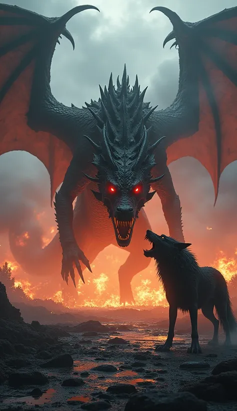 "In a desolate, smoldering valley under an apocalyptic sky, a colossal dragon with glowing amber eyes, jagged wings, and smoke rising from its nostrils towers over a snarling wolf. The wolf, with glowing red eyes and bristling black fur, stands its ground,...