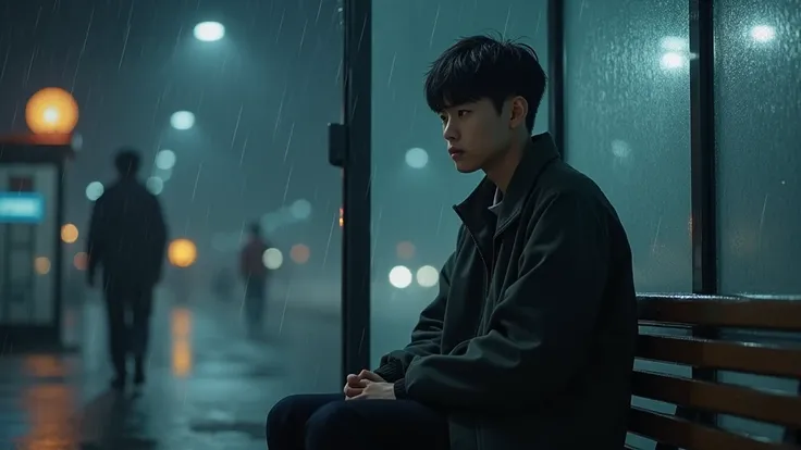 Young Korean Guy 18 Handsome Good Looks Short Hair Sitting Sad Bus Stop Rain