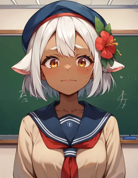 score_9, score_8_up, score_7_up, Faputa, Dark skin, White fur, looking at viewer, masterpiece, absurdres, high quality, highres, school uniform, beret, upper body, classroom, shy, looking down, wavy mouth, hair flower, arms behind back, standing,