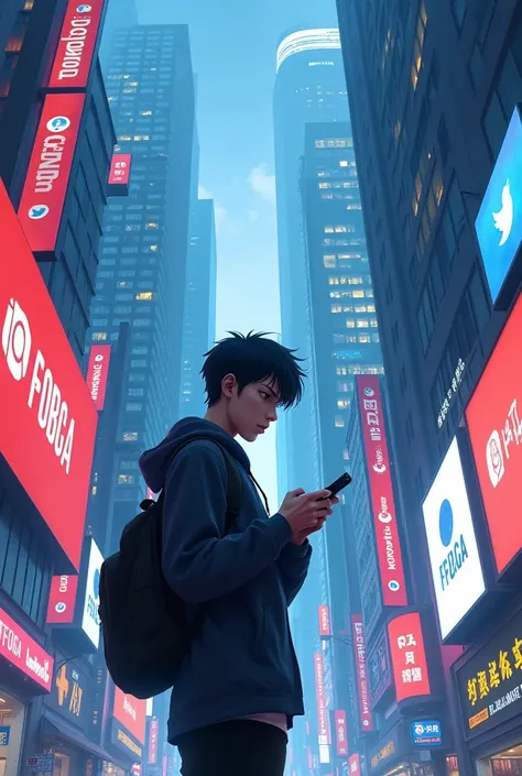 A   lot man standing in street and watching social media. Everthing around is facebook , instagram , tiktok, snapchat . Anime pic look realistic 