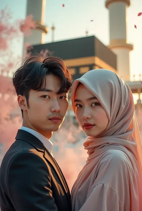 close up photo of a couple of Indonesian lovers in Muslim clothes,  handsome Korean men with trendy hair wearing Muslim clothes and beautiful Korean women wearing hijabs in Muslim clothes standing facing the camera of the large grand mosque of the Kaaba wi...