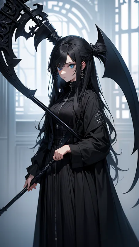 i want to make a female character dressed in black, it has a dark tone and ,  holds a scythe with the em initials engraved on it...