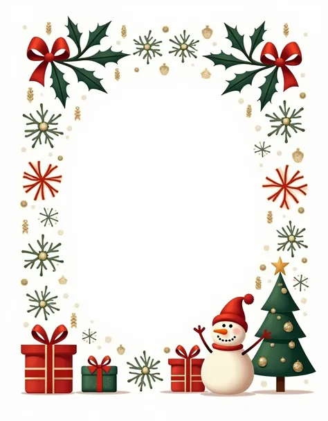 Christmas frame for name, Leave space in the center to place text .  Around with lots of Christmas details snowflakes, Flashes,  snowman , gifts, Christmas tree,  Backstage .  Flat vector image with no depth . white background.