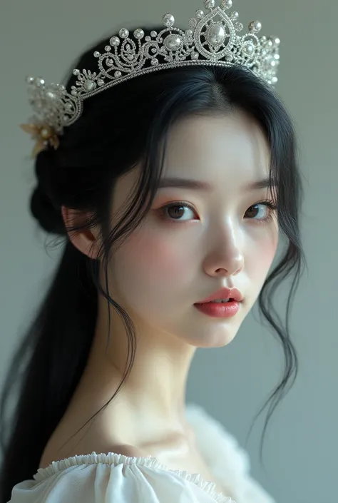 Picture of a white european woman, 18 years old with pale skin, long straight black hair in a half updo, round almond eyes, wearing a delicate silver crown