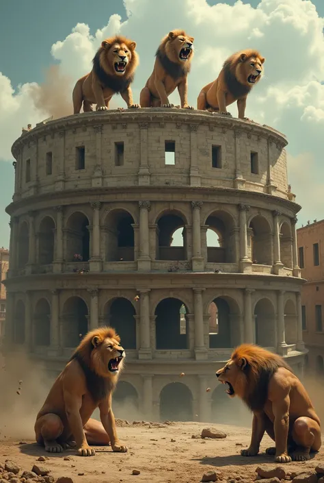 Ancient Roman Colosseum with 3 lions on top and biting 2 Jewish followers of Jesus Christ who were kneeling. Surreal scene 