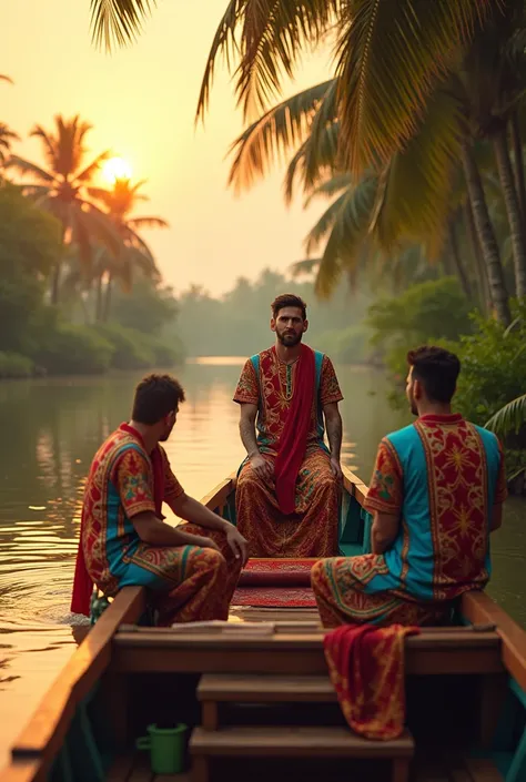 Lionel Messi and his Argentina teammates relaxing on a traditional Kerala houseboat in the backwaters, surrounded by palm trees, vibrant green landscapes, and a golden sunset reflecting on the water. Wore Kerala onam wear