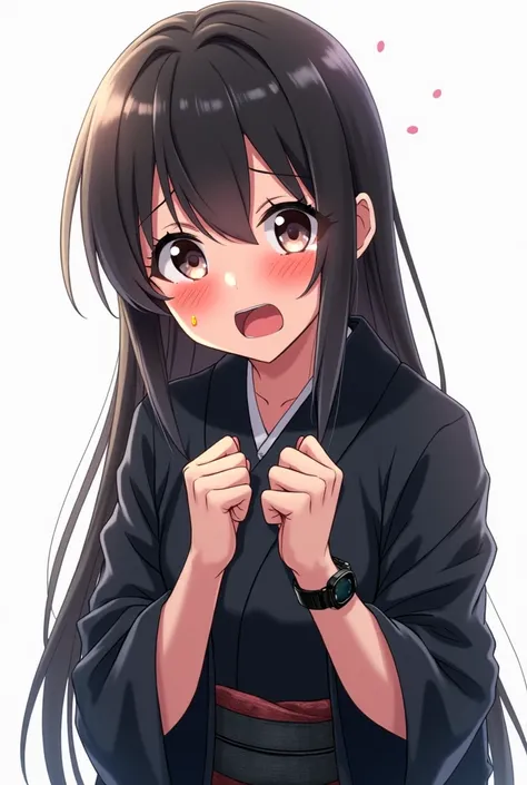 Anime girl with black yukata and with flowers worried and with a white background and a full body and with pink nails and a black watch with her fists in and squeezes her chest tightly both hands with an emotion of nervousness and with an expression of con...