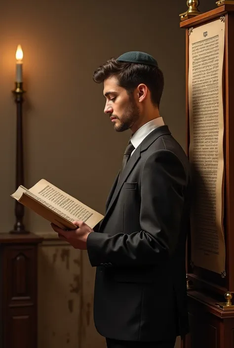 A Jewish  in his bar mitzva wearing a suit and small kippah (not a hat), reading the torah scroll (the Sefaradic type - it is stand vertically in a dedicated “box”)