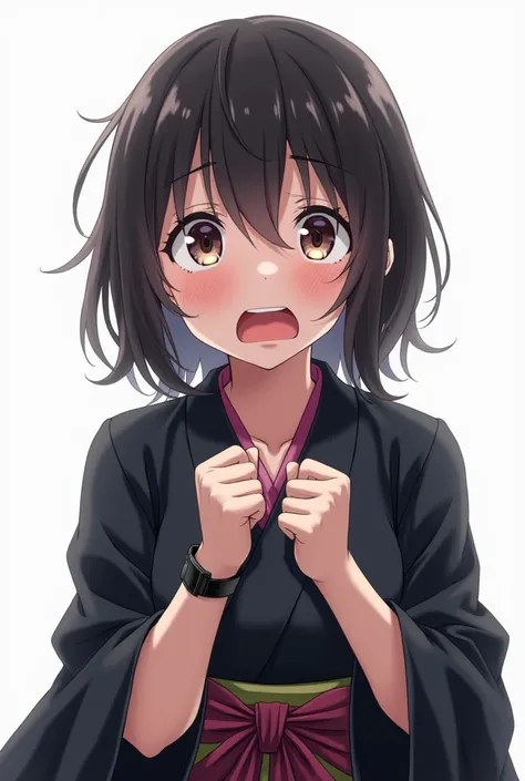 Anime girl with black yukata and with flowers worried and with a white background and a full body and with pink nails and a black watch with her fists in and squeezes her chest tightly both hands with an emotion of nervousness and with an expression of con...