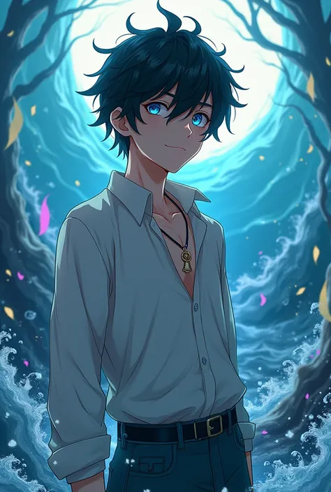  male but young anime character ,  eyes as blue as the sea,  disheveled black hair , human,  son of Poseidon