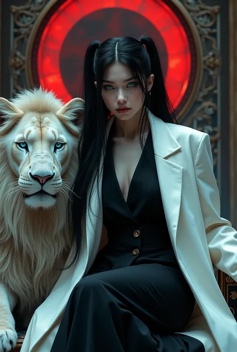 Long black haired woman in ponytails intense electric king blue eyes pale white skin dressed in an elegant and feminine black suit and a large white coat 
On a throne with a red stone ring a white lion next to her