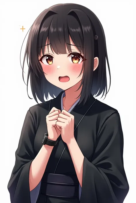 Anime girl with black yukata and with flowers worried and with a white background and a full body and with pink nails and a black watch with her fists in and squeezes her chest tightly both hands with an emotion of nervousness and with an expression of con...