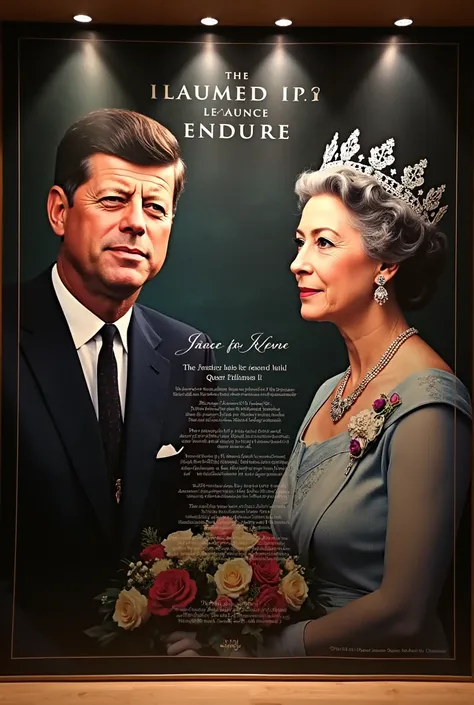 A large poster with text in memory of Kennedy and queen that says Kennedy is eternal 