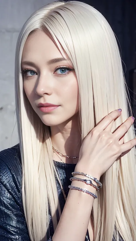 22 year old white female、hair color is platinum blonde、blue eyes、long hair、straight hair、accessories on wrist、i&#39;m wearing a ...