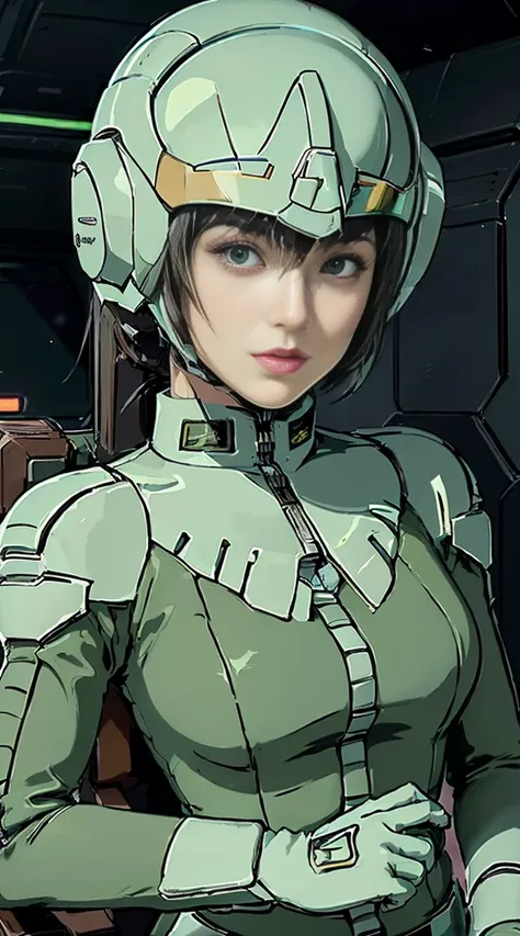  High Quality, Outstanding details,   ultra high resolution, ( realism: 1.4),  best illustrations, ,  very condensed single girl,  Dressed in 、 delicate and beautiful face  , Beautiful woman wearing a black and green mecha ,  wearing a mecha helmet ,  hold...