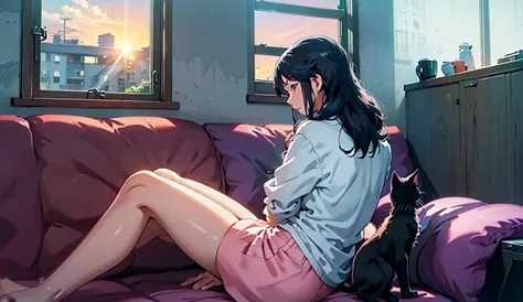 back view of a black kitten and a woman looking out the window, anime girl sitting on a couch looking out a window at a cat,  lo...