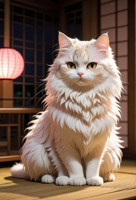 Female cat , The cat breed is ragamuffin
Coat color and pattern ： cream and pale pink
Outfit ：和風の花柄をあしらった帯
身体的Features： bushy coat
Pose ：Sweet Pose 。
Features： has an elegant yet calculated, mean, and cute atmosphere
backgrounds：Japanese-style tatami room ...