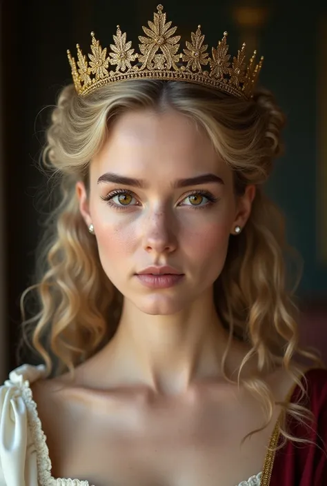 Picture of a medieval european woman, 24 years old with pale skin, long curly blonde hair in a half updo, thick eyebrows and golden eyes wearing a golden crown