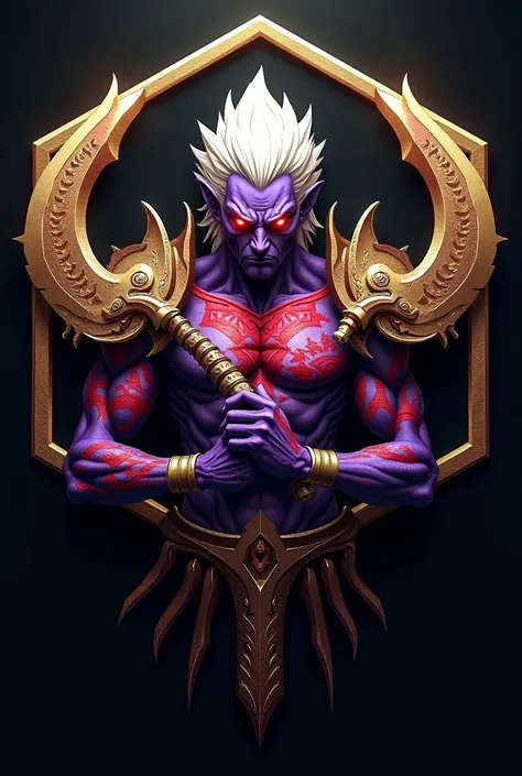 Hexagonal Logo, King of asura(white hair, red eyes, pale purple skin, red tribal tattoo, golden armor), asura clan, held two big curve demonic machete, black background 