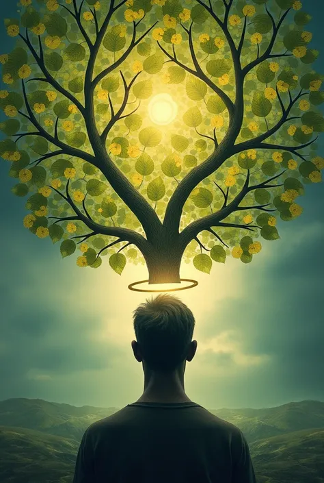 A sapiens standing in front of a leafy ,  tree with leaves that seem to form abstract symbols  (circles, Arrows, Human figures). Over his head,  a halo of light represents a moment of inspiration or mental change.