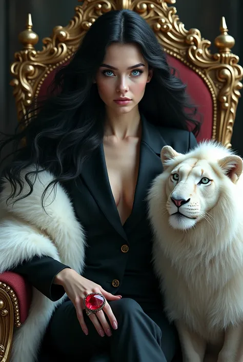 Woman with long black hair intense electric royal blue eyes pale white skin dressed in an elegant and feminine black suit and a large white animal skin coat 
On a throne with a red stone ring a white lion next to her