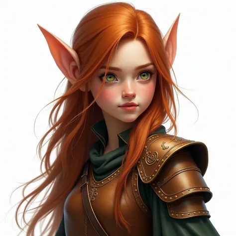 realistic, fantasy, in focus, beautiful hafling girl in leather armour, shoulder length ginger hair, beautiful green eyes, white background