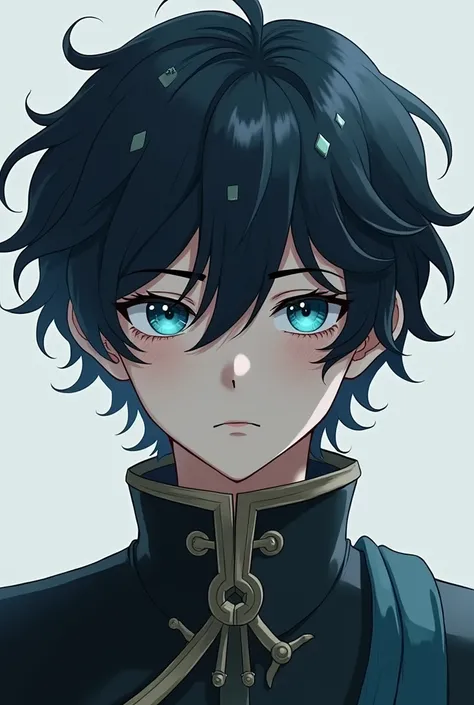  male but young anime character , blue eyes like the sea with dark circles , disheveled and wavy black hair with small gray locks, Exhausted look, human,  son of Poseidon, Detailed clothing