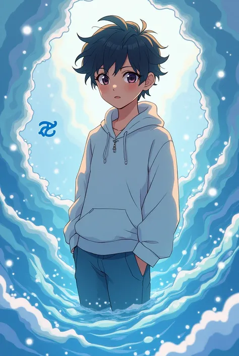 A person anime teenager 19 age   boy brown skin and water elements surrounding his symbol Pisces with some winter shirt pants