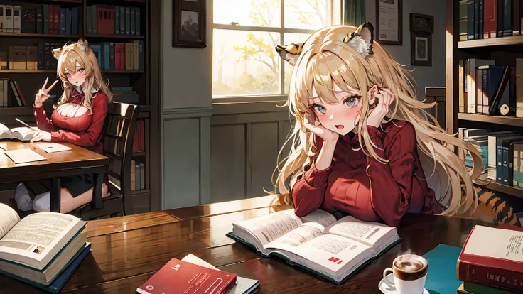 embarrassed woman having big tits, tiger with a clear and detailed face, animal, doll, one room, warm, studying, books, coffee