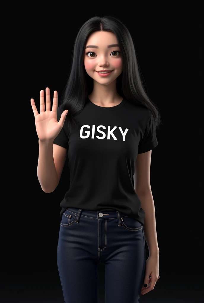 Create a very white virtual assistant  (realistic)  who wears a black t-shirt that says GISKY , in capital letters. She wears navy blue jeans and has long black hair.  She is saying hi with her hand and the background she is on is all black .