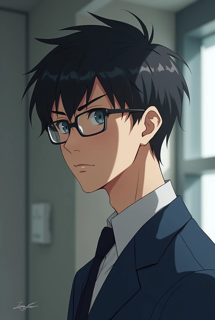 A man looking to his  4 degrees  and  looking over intelligence. Anime pic look realistic 