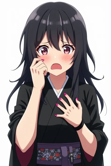 Anime girl with black yukata and flowers worried and with a white background and full body and with pink nails and a black watch with her fists in and squeezes her chest both hands tightly with an emotion of nervousness and with an expression of concern an...